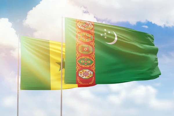 Sunny Blue Sky Flags Turkmenistan Senegal — Stock fotografie