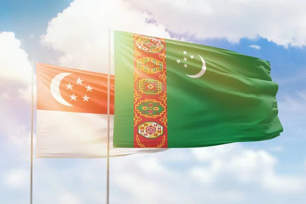 Sunny Blue Sky Flags Turkmenistan Singapore — Stock fotografie