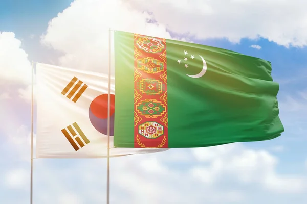 Sunny Blue Sky Flags Turkmenistan South Korea — Stock fotografie