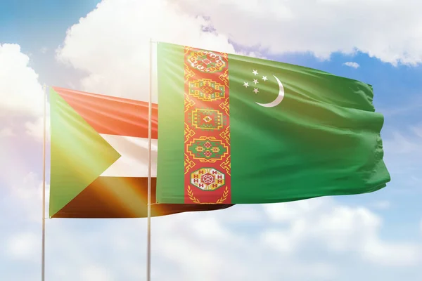 Sunny Blue Sky Flags Turkmenistan Sudan — Stock fotografie