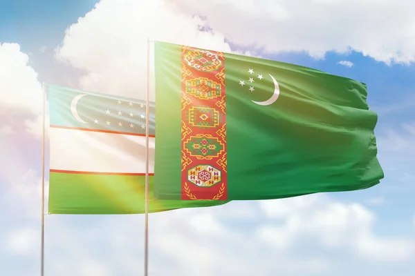 Sunny Blue Sky Flags Turkmenistan Uzbekistan — Stock fotografie