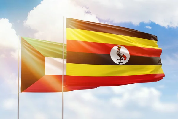 Sunny Blue Sky Flags Uganda Kuwait — Stockfoto