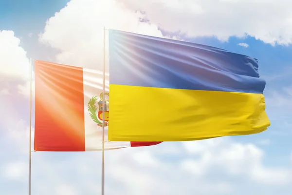 Sunny Blue Sky Flags Ukraine Peru — Stock Photo, Image