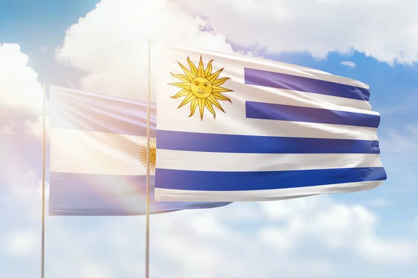 Sunny Blue Sky Flags Uruguay Argentina — Stock Photo, Image