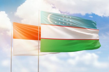 Sunny blue sky and flags of uzbekistan and indonesia