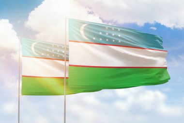 Sunny blue sky and flags of uzbekistan and uzbekistan
