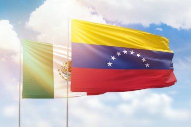Sunny blue sky and flags of venezuela and mexico