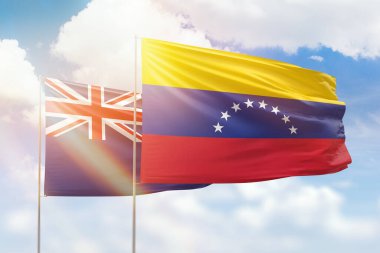 Sunny blue sky and flags of venezuela and new zealand
