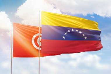 Sunny blue sky and flags of venezuela and tunisia