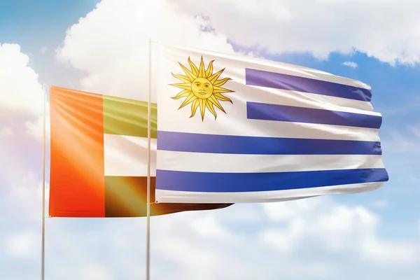 Sunny Blue Sky Flags Uruguay Uae — Stockfoto