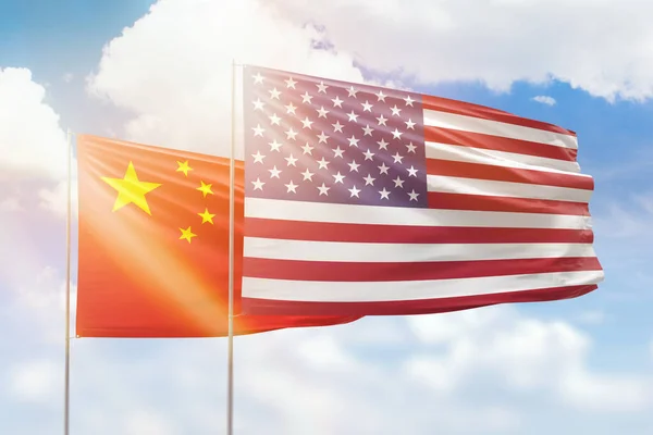 Sunny Blue Sky Flags United States America China — 图库照片