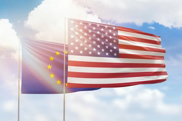 Sunny Blue Sky Flags United States America European Union — Stock Photo, Image