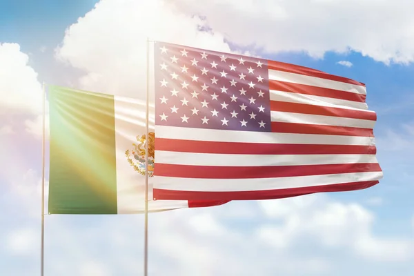 Sunny Blue Sky Flags United States America Mexico — Stok fotoğraf