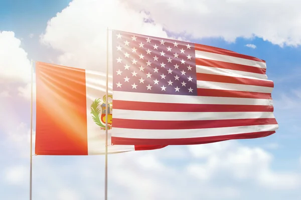 Sunny Blue Sky Flags United States America Peru — Stok Foto