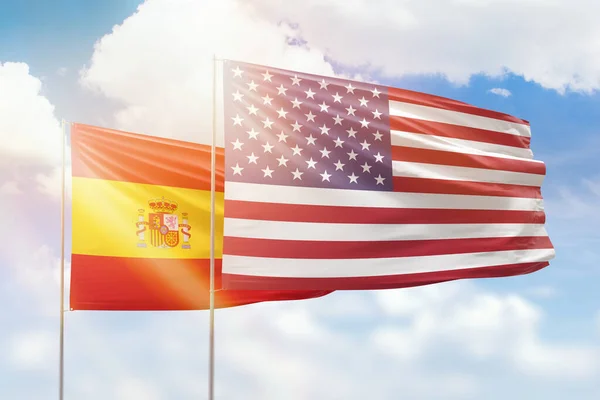 Sunny Blue Sky Flags United States America Spain — 스톡 사진