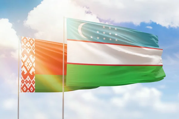 Sunny Blue Sky Flags Uzbekistan Belarus — Stock Photo, Image