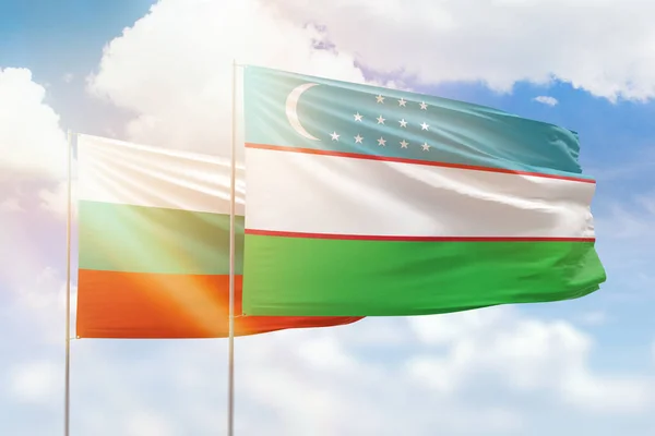 Sunny Blue Sky Flags Uzbekistan Bulgaria — Stock fotografie