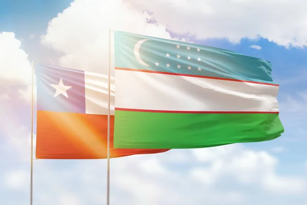 Sunny Blue Sky Flags Uzbekistan Chile — Stock fotografie
