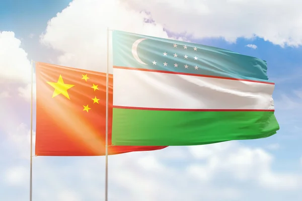 Sunny Blue Sky Flags Uzbekistan China — Stock fotografie