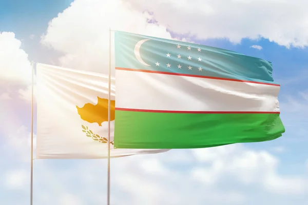 Sunny Blue Sky Flags Uzbekistan Cyprus — Stock Photo, Image