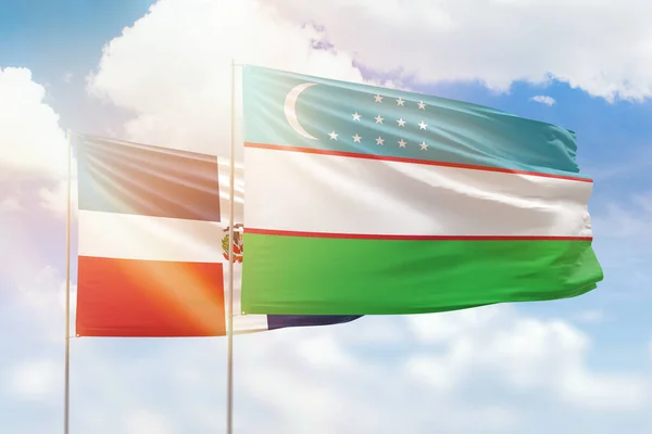 Sunny Blue Sky Flags Uzbekistan Dominican Republic — Stock fotografie