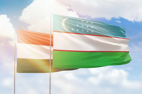 Sunny Blue Sky Flags Uzbekistan Hungary — Stock fotografie