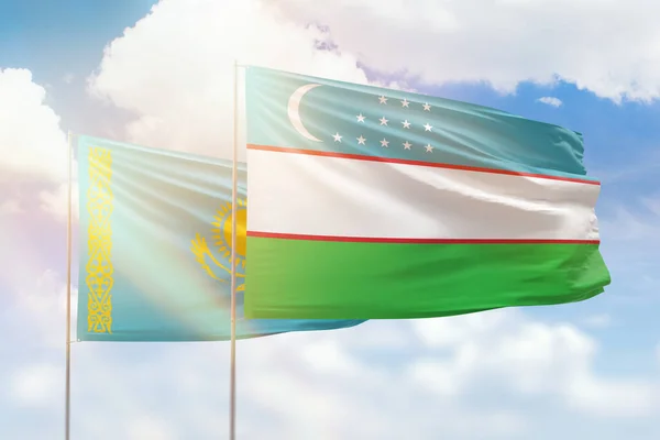 Sunny Blue Sky Flags Uzbekistan Kazakhstan — Stock fotografie