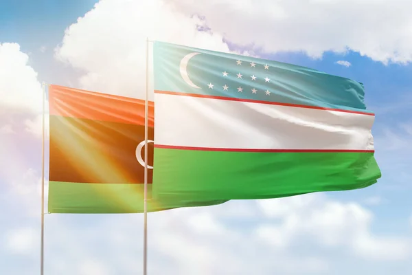 Sunny Blue Sky Flags Uzbekistan Libya — Stockfoto