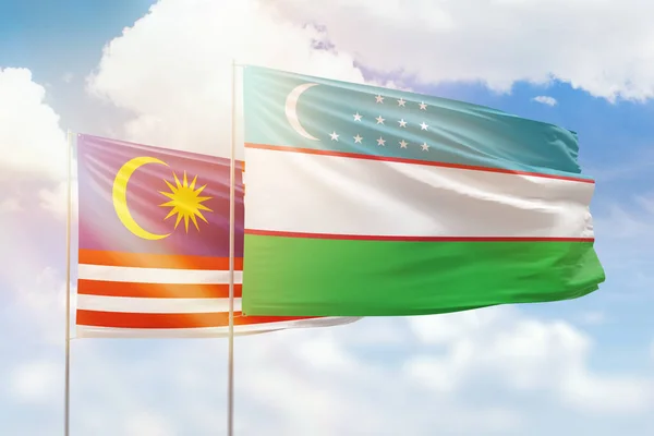 Sunny Blue Sky Flags Uzbekistan Malaysia — Stock Photo, Image