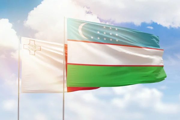 Sunny Blue Sky Flags Uzbekistan Malta — Stock Photo, Image
