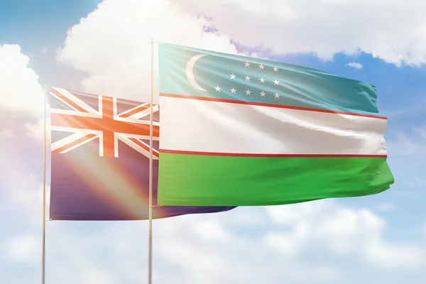 Sunny Blue Sky Flags Uzbekistan New Zealand — Stock Photo, Image
