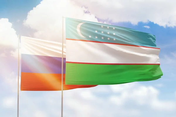 Sunny Blue Sky Flags Uzbekistan Russia — Stock fotografie