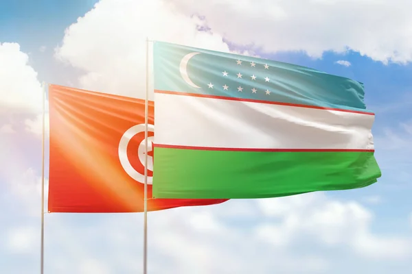 Sunny Blue Sky Flags Uzbekistan Tunisia — Stock Photo, Image