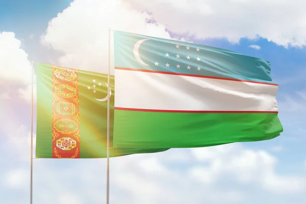 Sunny Blue Sky Flags Uzbekistan Turkmenistan — Stock fotografie
