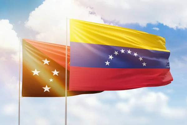 Sunny Blue Sky Flags Venezuela Papua New Guinea — Stock Photo, Image