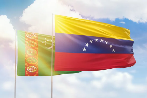 Sunny Blue Sky Flags Venezuela Turkmenistan — Stock Photo, Image
