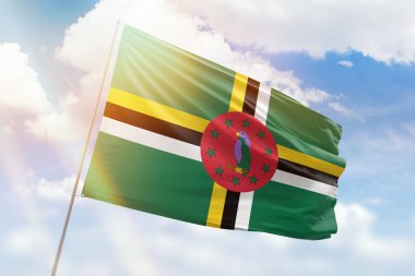 Güneşli mavi gökyüzü ve Dominika bayrağıyla bayrak direği