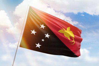 Güneşli mavi gökyüzü ve papua Yeni Gine bayrağıyla bayrak direği