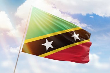 Güneşli mavi gökyüzü ve aziz Kitts ve Nevis bayrağıyla bayrak direği