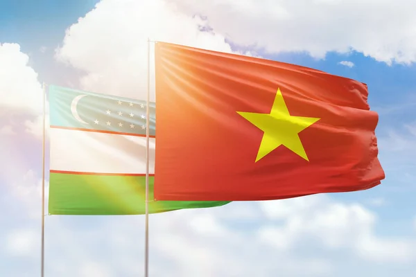 Sunny Blue Sky Flags Vietnam Uzbekistan — Stock fotografie