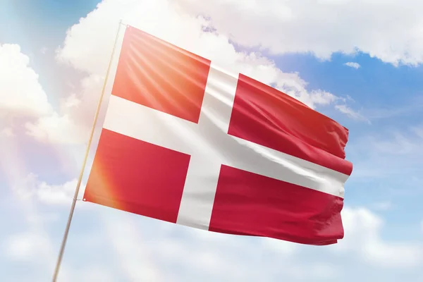 Sunny Blue Sky Flagpole Flag Denmark — Stock fotografie
