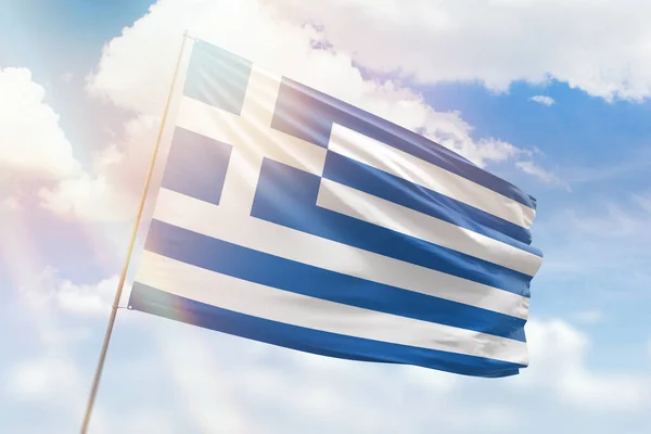 Sunny Blue Sky Flagpole Flag Greece — Stok fotoğraf
