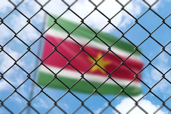 Steel Mesh Background Blue Sky Flagpole Flag Suriname — Stock Photo, Image