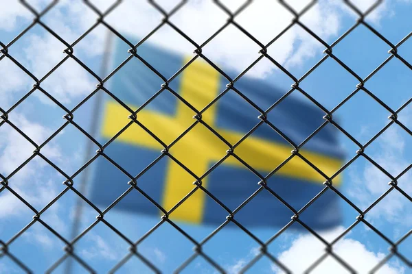 Steel Mesh Background Blue Sky Flagpole Flag Sweden — Stockfoto