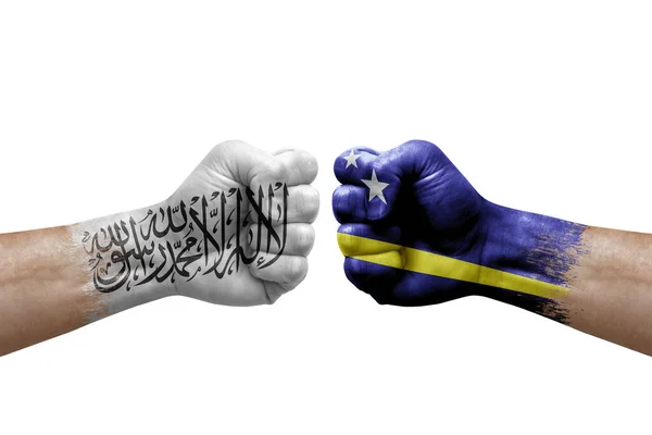 Two Hands Punch Each Others White Background Country Flags Painted — Photo