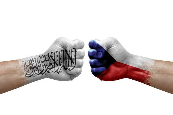 Two Hands Punch Each Others White Background Country Flags Painted - Stock-foto