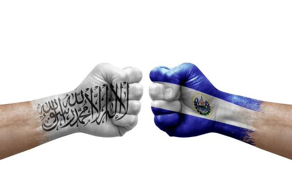 Two Hands Punch Each Others White Background Country Flags Painted — Stockfoto