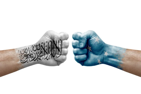 Two Hands Punch Each Others White Background Country Flags Painted — Fotografia de Stock