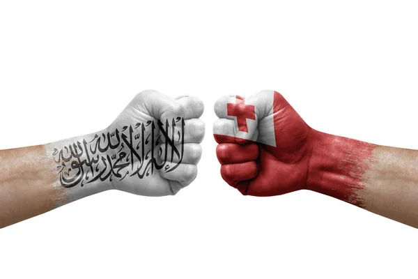 Two Hands Punch Each Others White Background Country Flags Painted — Fotografia de Stock