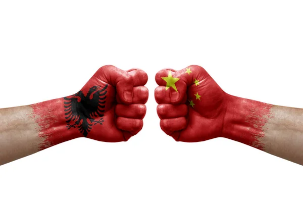 Two Hands Punch Each Others White Background Country Flags Painted — Stockfoto